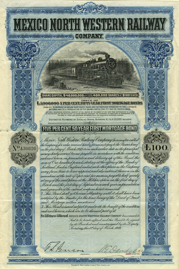 Mexico North Western Railway Co. - £100 - Bond (Uncanceled)